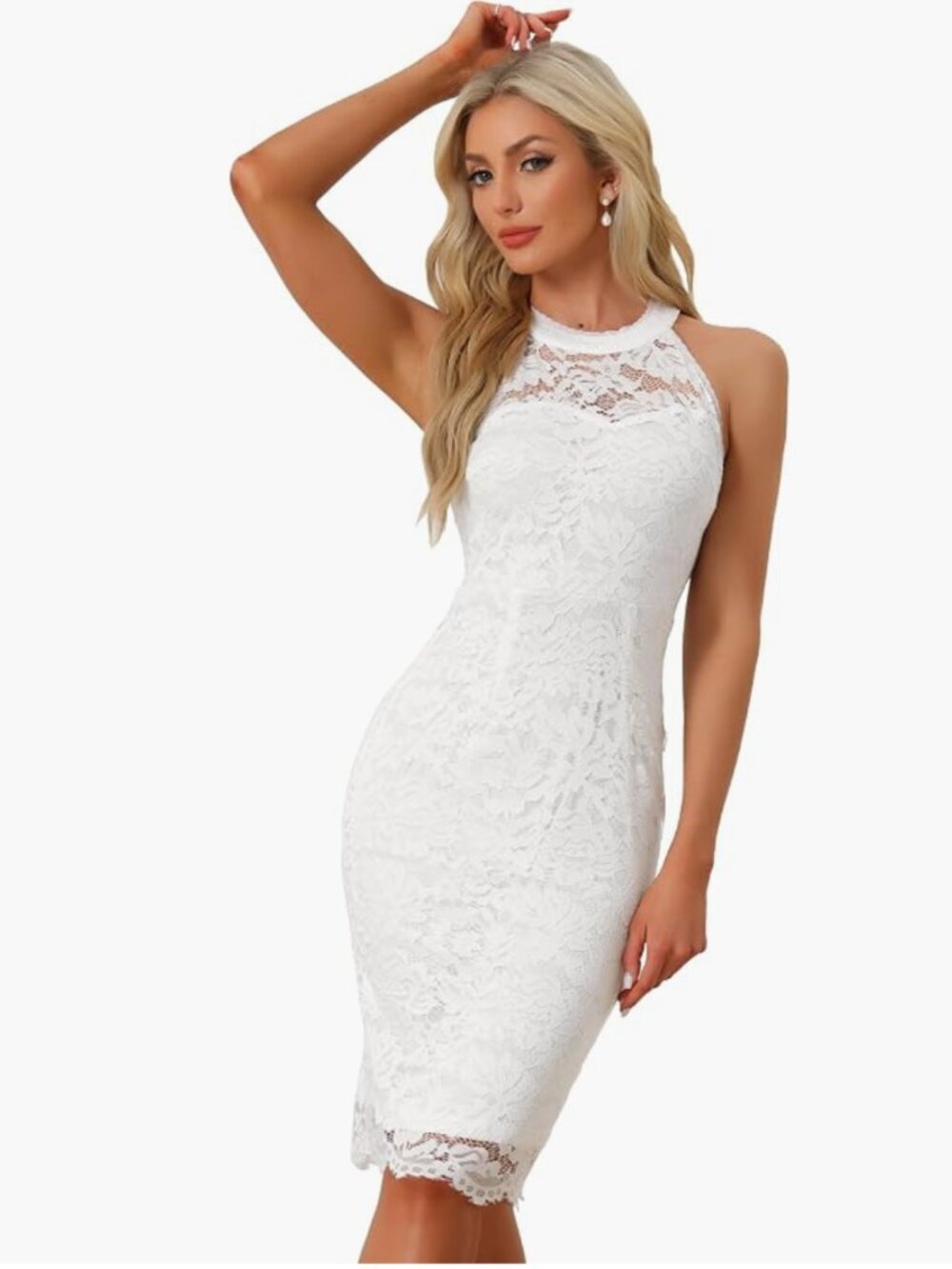 Allegra K White Floral Lace Halter Bodycon Midi Dress Small